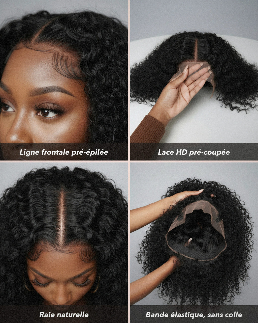 Perruque sans colle bouclée deep wave détails de la perruque en gros plan