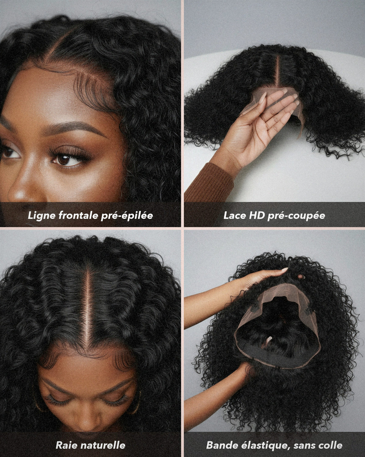 Perruque sans colle bouclée deep wave détails de la perruque en gros plan