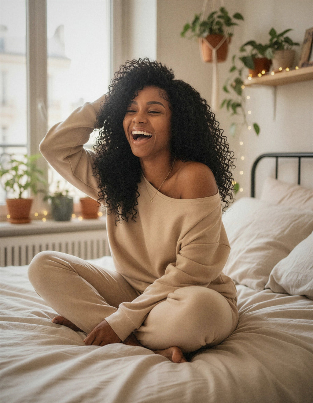 Perruque sans colle bouclée deep wave portée à la maison