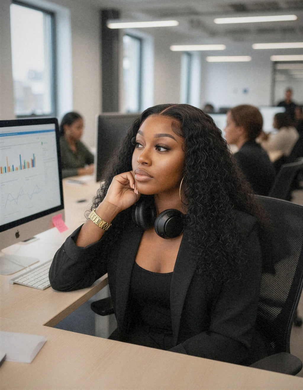 Perruque sans colle bouclée deep wave portée au travail
